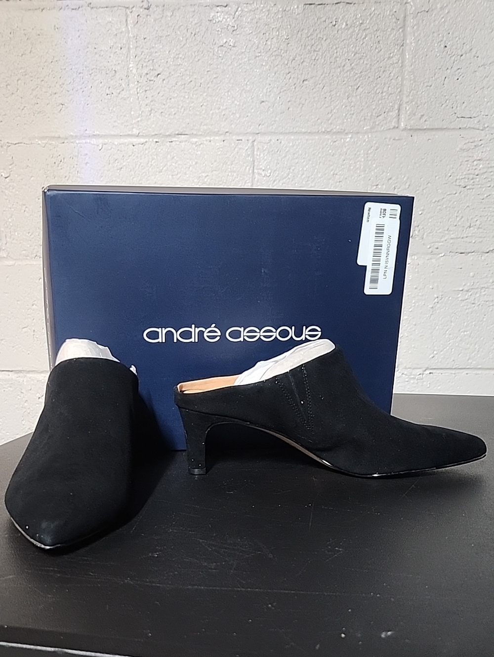 Andre Assous Black Suede Pointed Mule Heels